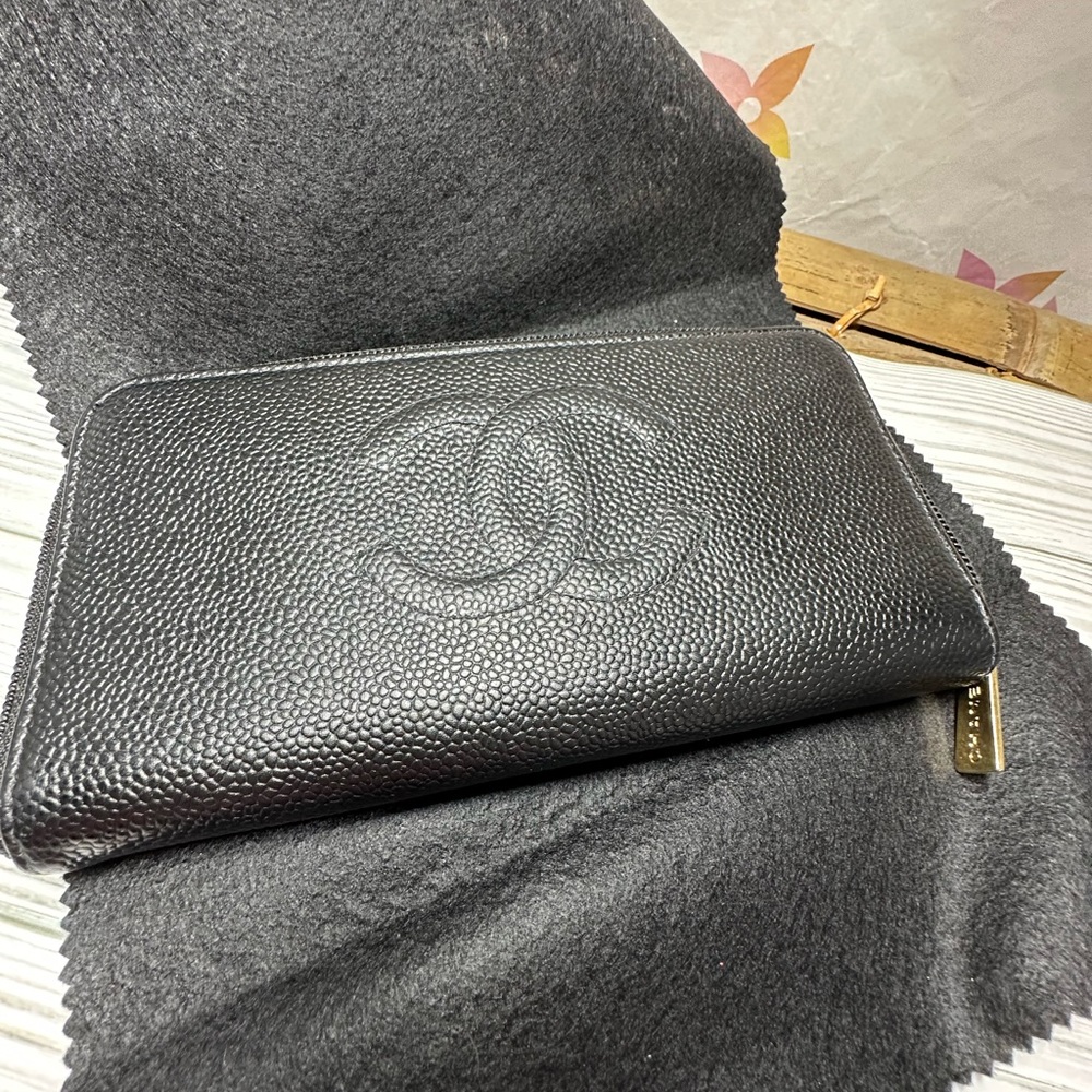 Chanel large CC logo black caviar zippy wallet
